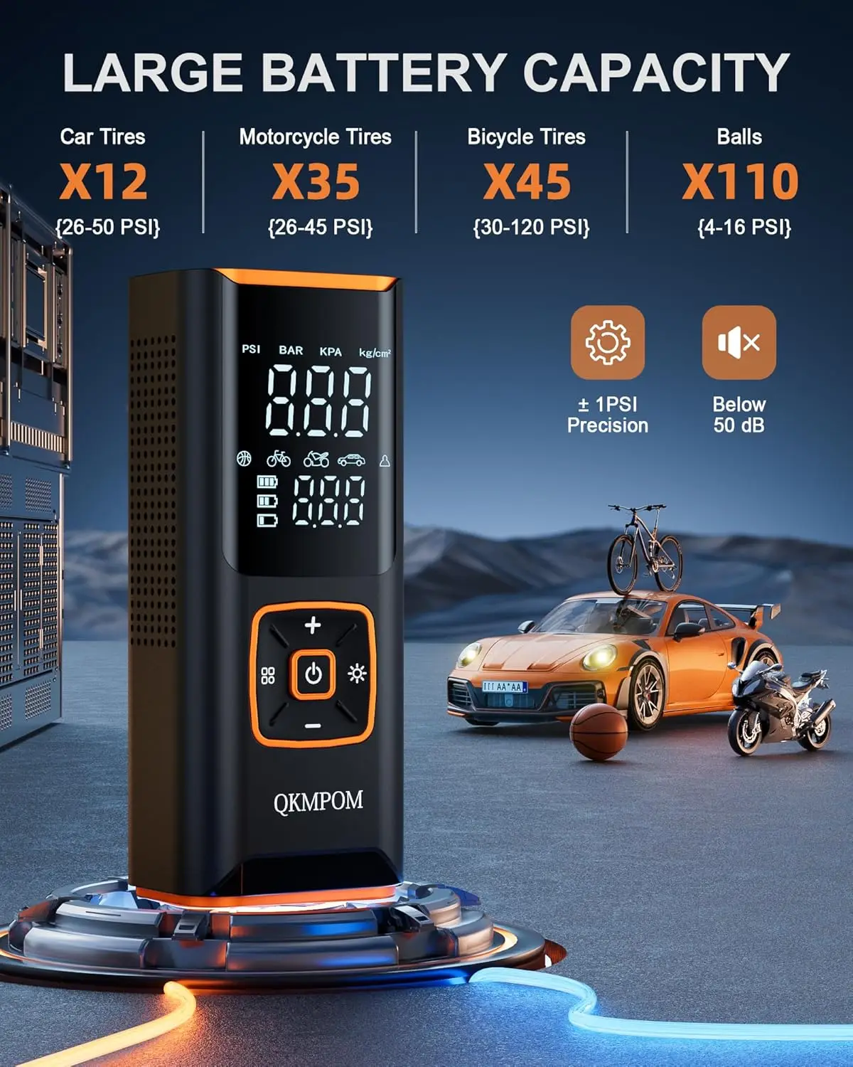 ポータブルタイヤインフレーター、180 PSIコードレスエアコンプレッサー（ゲージ付き）、車、バイク、自転車用