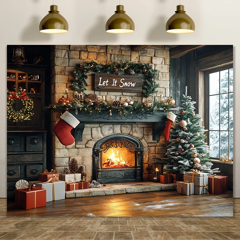 Elegant Fireplace Tapestry, Mantel with Garland and Stockings Scene, Cozy Holiday Wall Art for Indoor Outdoor Christmas Decor