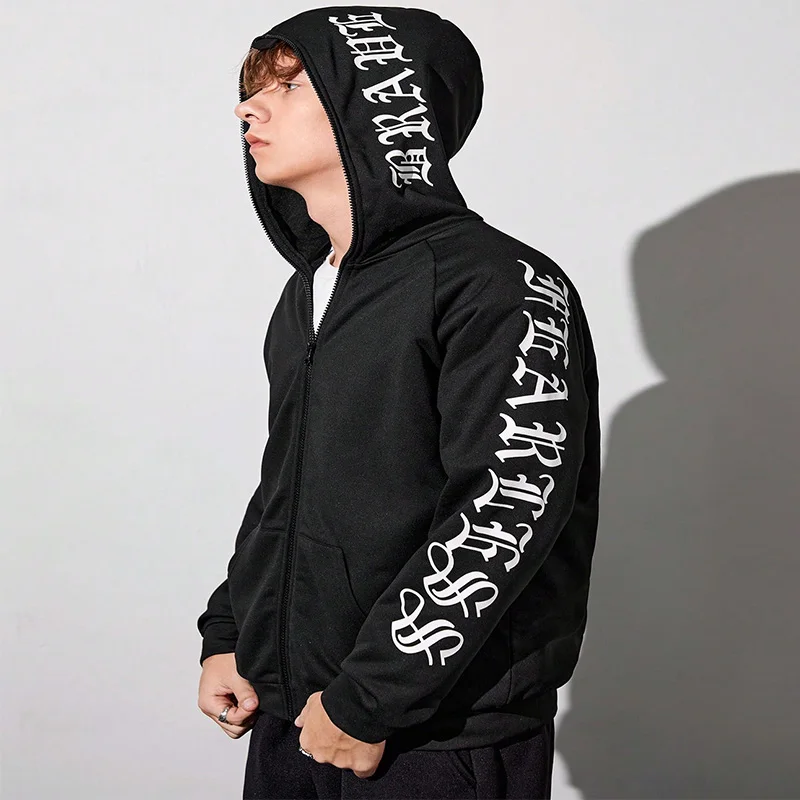 Autumn And Winter Boys And Teenagers Warm Trendy Dark Gothic Text Printed Long Sleeved Zipper Hoodie Birthday Party Dress