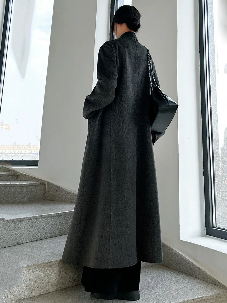 New Women Autumn Winter Long Wool Coat Fashion Turn-down Collar Double Breasted Loose Woolen Coat Casual Daily Wool Blends Coat