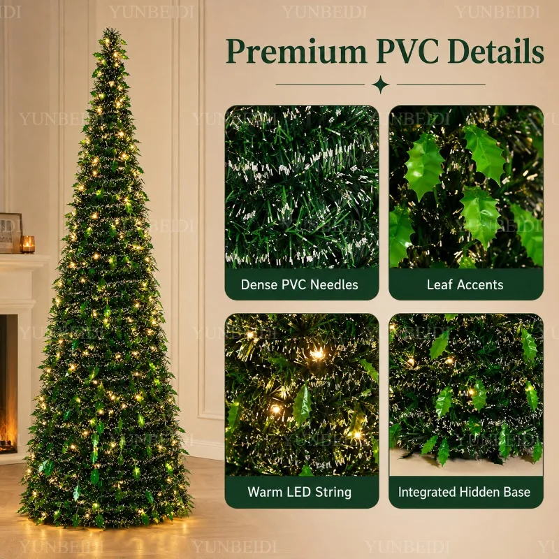 Foldable Artificial Christmas Tree 150cm/180cm with LED Lights Integrated Christmas Tree Family Christmas Party Scene Decoration