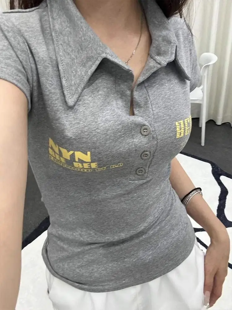 

Футболка Slim Fit ort Sve, женская футболка с принтом на пуговицах, летняя новинка Sle Faionable, корейская версия, креативный узор