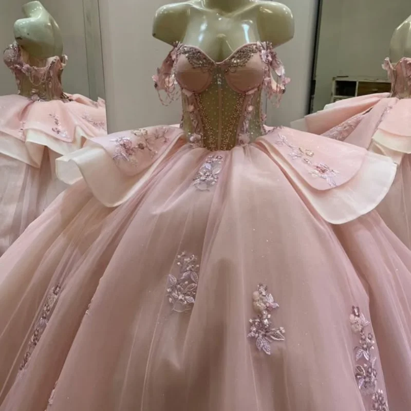 

Shiny Pink Dress Crystal 3D Flower Crystal Decal off-shoulder Lace Layering Long tail Vestidos De 15 Quinceanera ﻿Customize