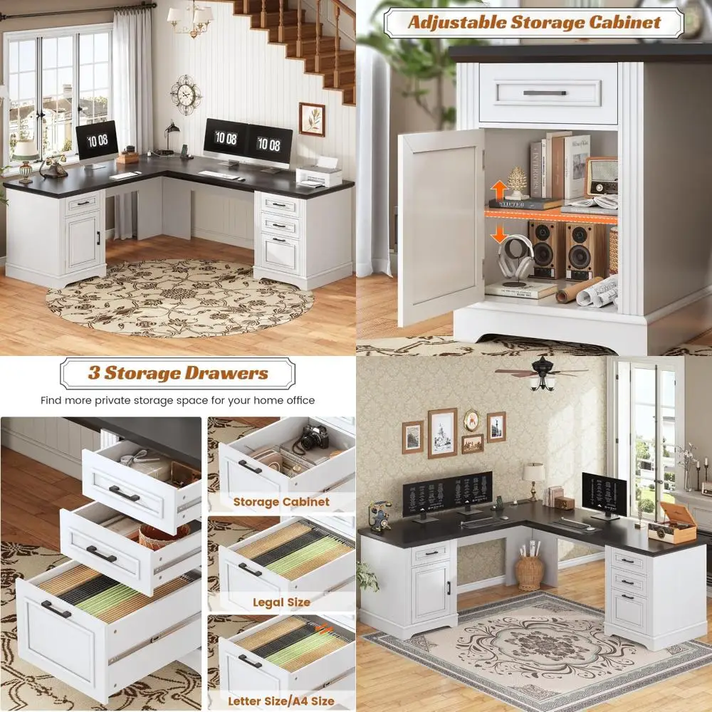 

l-shaped executive desk with drawers, storage cabinet, and power outlet for home office