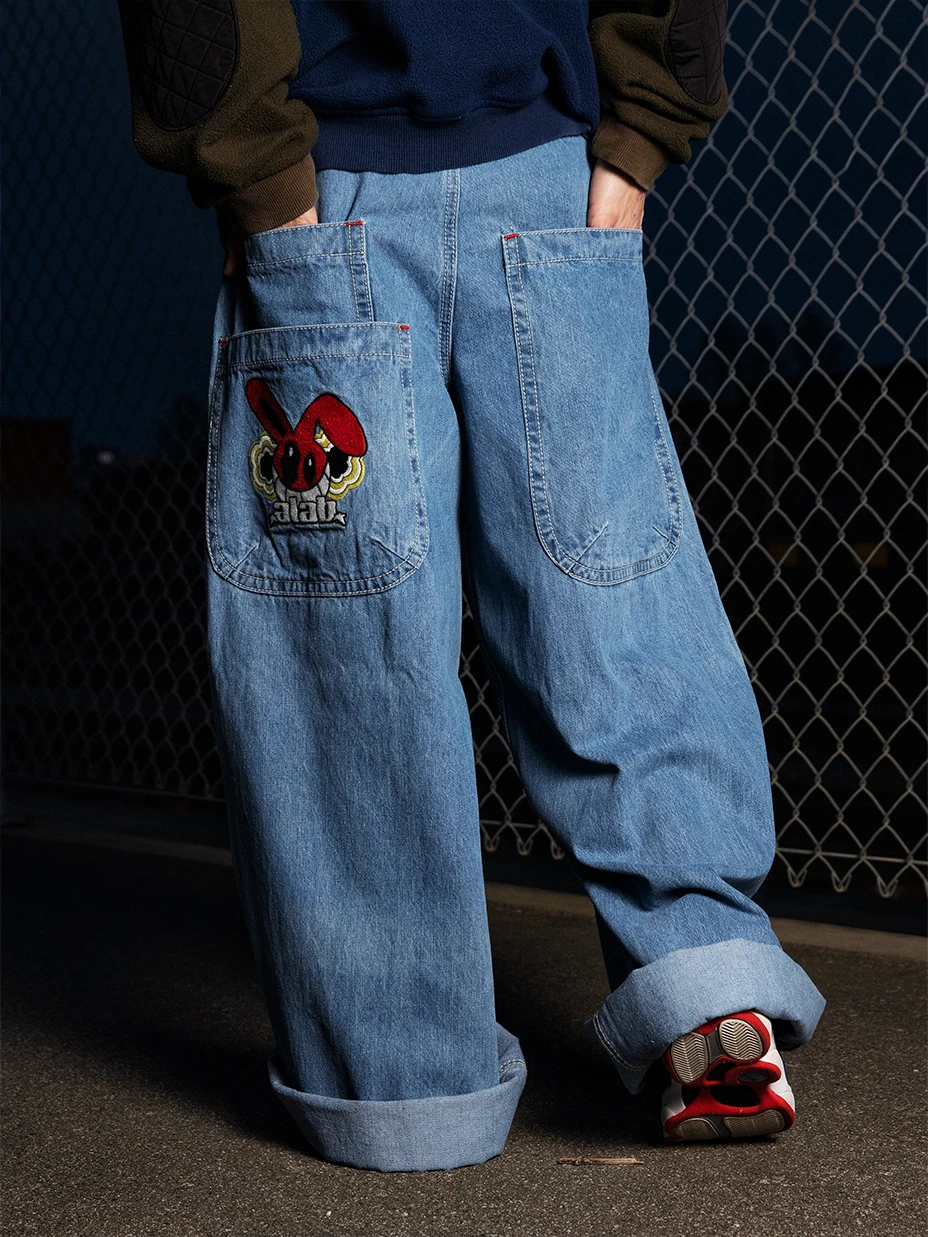 

Американская уличная одежда Y2K Ретро Sle Свободные тяжелые джинсовые джинсы с вышивкой Уличные танцы Скейтборд Хип-хоп Свободные прямые джинсы