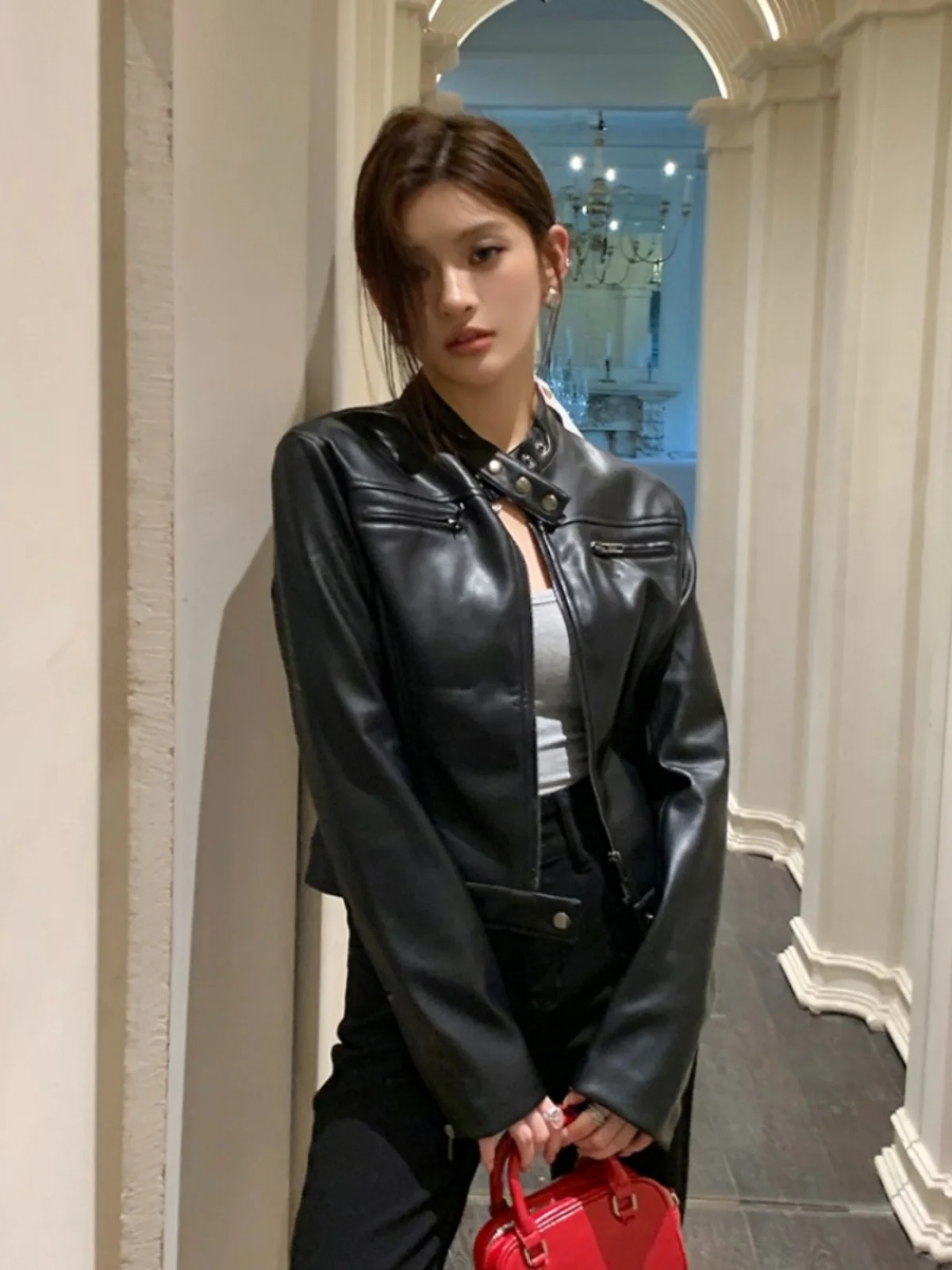 Classico americano retrò Bla Cool Girl Biker Jaet Capispalla da donna Lungo Sve ort Lunghezza Slim Fit Pelle PU irt