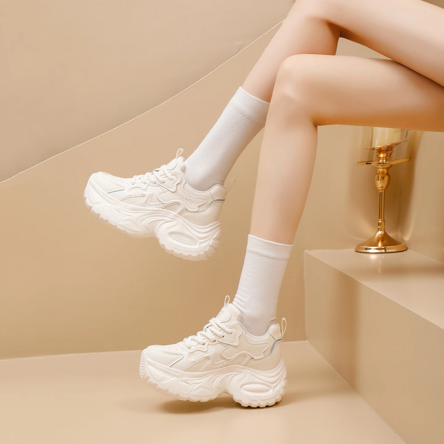 KEKAFU Women's Hidden Height‑increasing Chunky Dad Shoes PU Upper Wave‑shaped Platform Sneakers Comfort Soft‑soled Lace‑up Daily