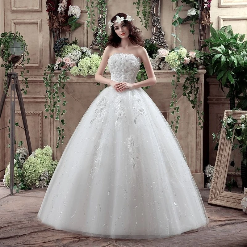 エレガントなウェディングドレス女性シンプルなアップリケブリンブリンホワイトストラップレスレースアッププリンセスフロアレングスプラスサイズ花嫁ボールガウン