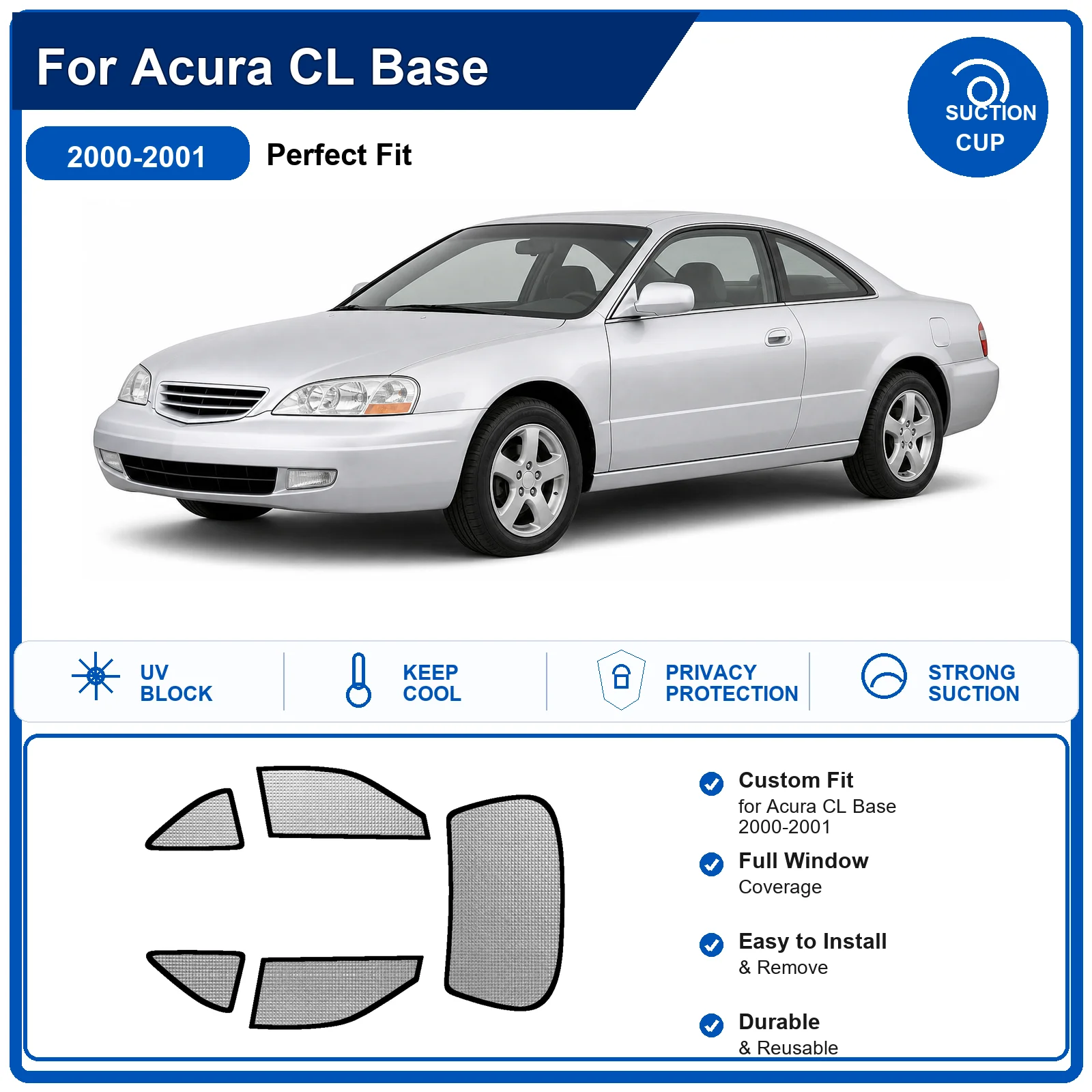 For Acura CL Base 2000-2001 Custom Full Set Windshield Sun Shade Aluminum Foil Heat Insulation Anti UV Foldable