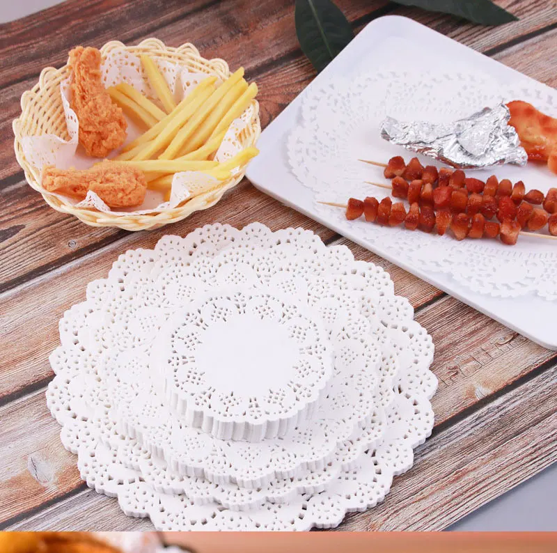 150Pcs Küche Gebratene Lebensmittel Spezielle Blume Boden Papier Öl-absorbierende Papier Backen Kuchen Pizza Snack Runde Haushalt Spitze papier Pad – Detail 4