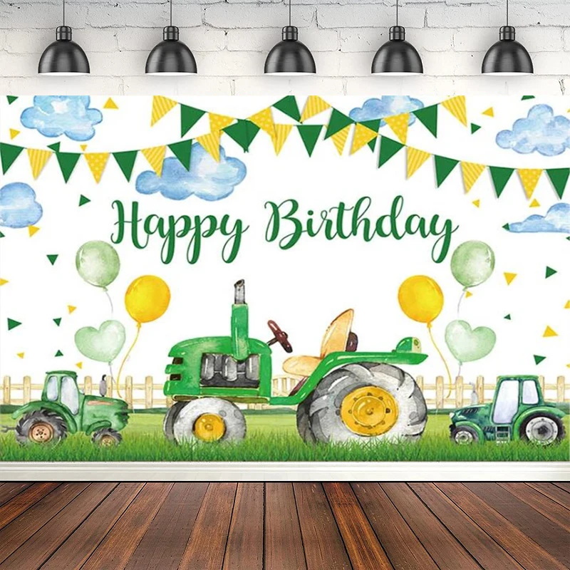 Photography Backdrop Green Tractor Farmyard Balloons Flags Kids Boy Birthday Party Decor Poster Background Banner Photo Studio