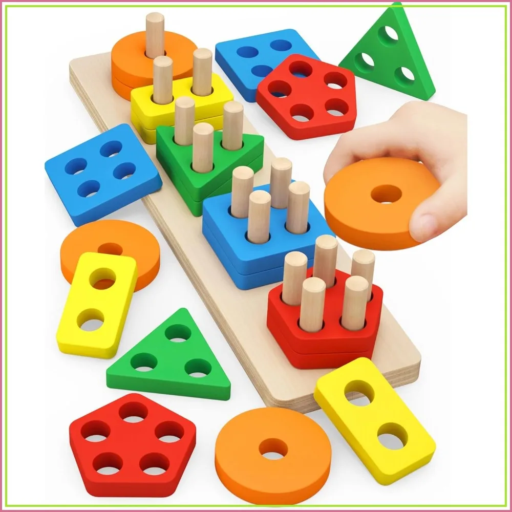 

Wooden Sorting & Stacking Toys for Toddlers 1-3, Shape Sorter & Color Recognition Puzzle, Preschool Educational Gift