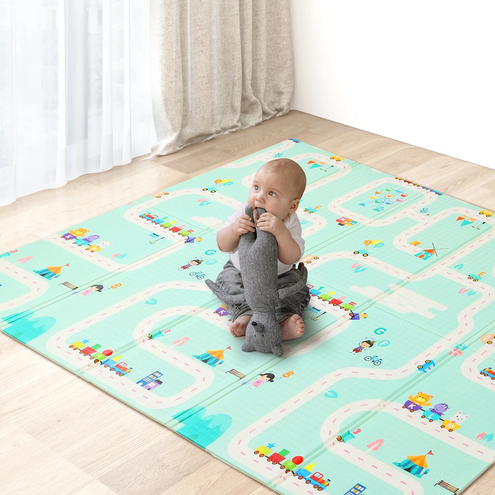 Baby Play Mat for Floor 200×180cm, Foldable Foam Playmat Mat for Tummy Time, Reversible Padded XPE Crawl Mat for Toddlers