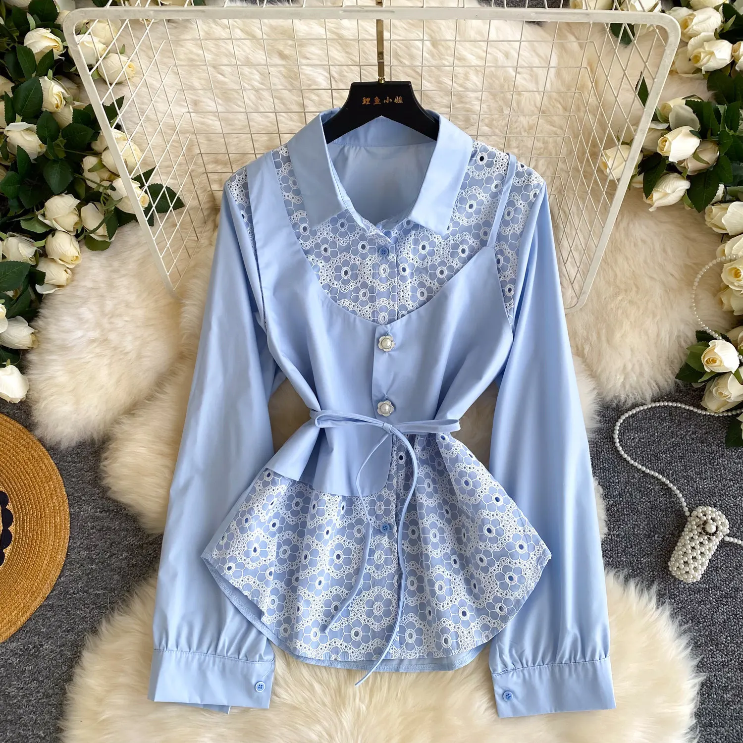 

Women Shirt Spliced Blouses Lace Long Sleeves Turn Down Collar Single Breasted Slight Strech Loose Fit Office Casual 2026 Spring