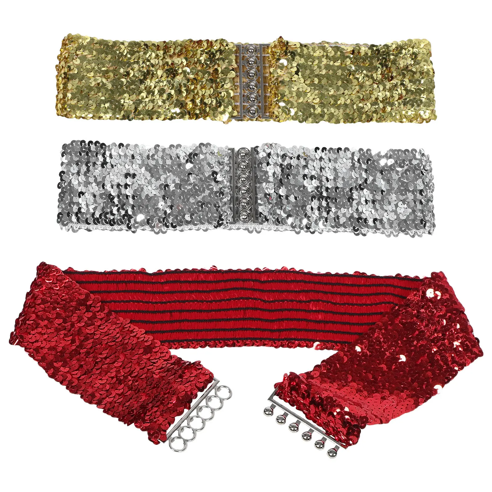 

3pcs Wide Elastic Sequin Belt Glitter Retro Waistband For 80S 70S Party Disco Outfit Halloween Cosplay Sparkly Waist Accessory