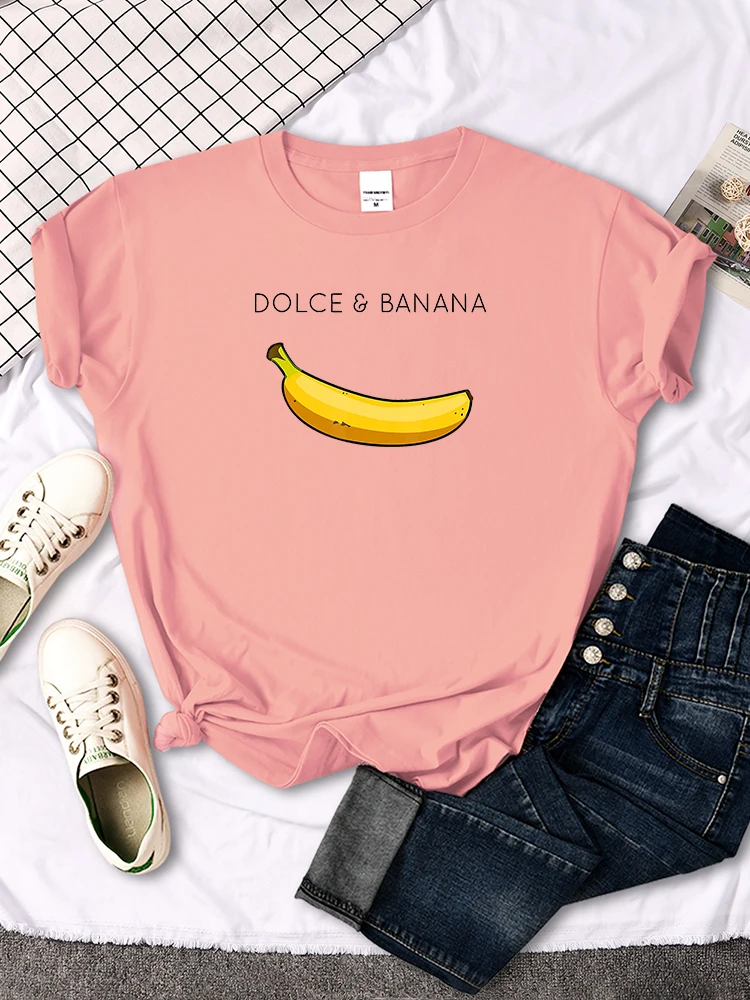 Dolce Banana Fruit Cartoon Print T-Shirt Womens Oversized Kawaii Round Neck Tops Summer Comfortable Breathable Female Slim Tees