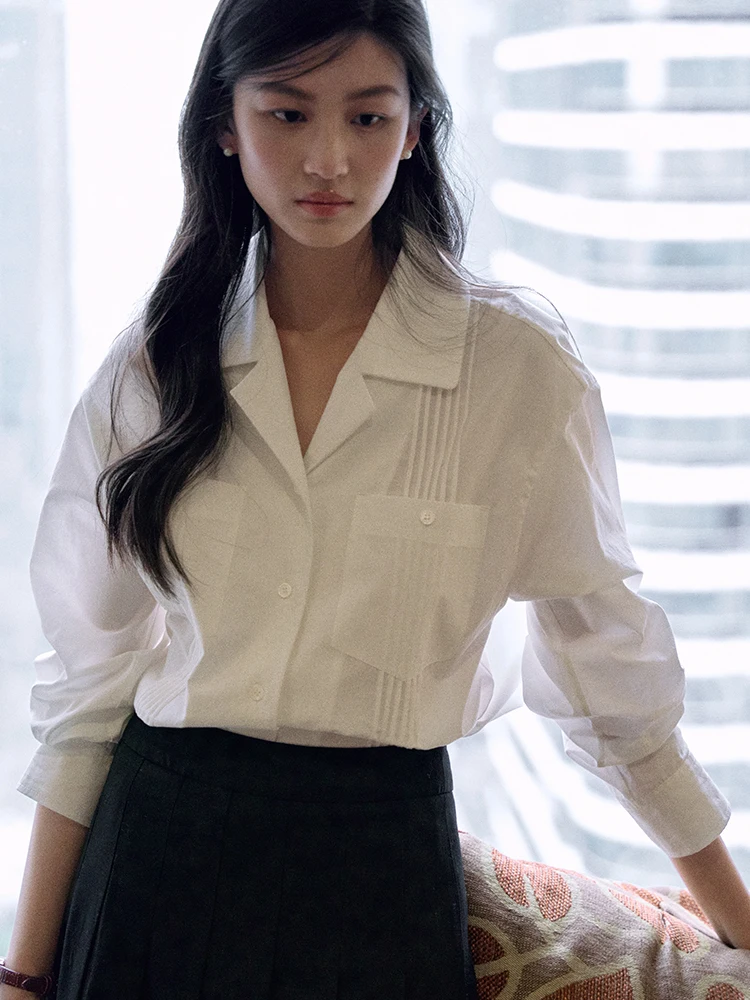 

Jicouture Waed Cotton Cuban Collar Commute White irt Women's Spring Accordion Pleat Personali Long Sve irt