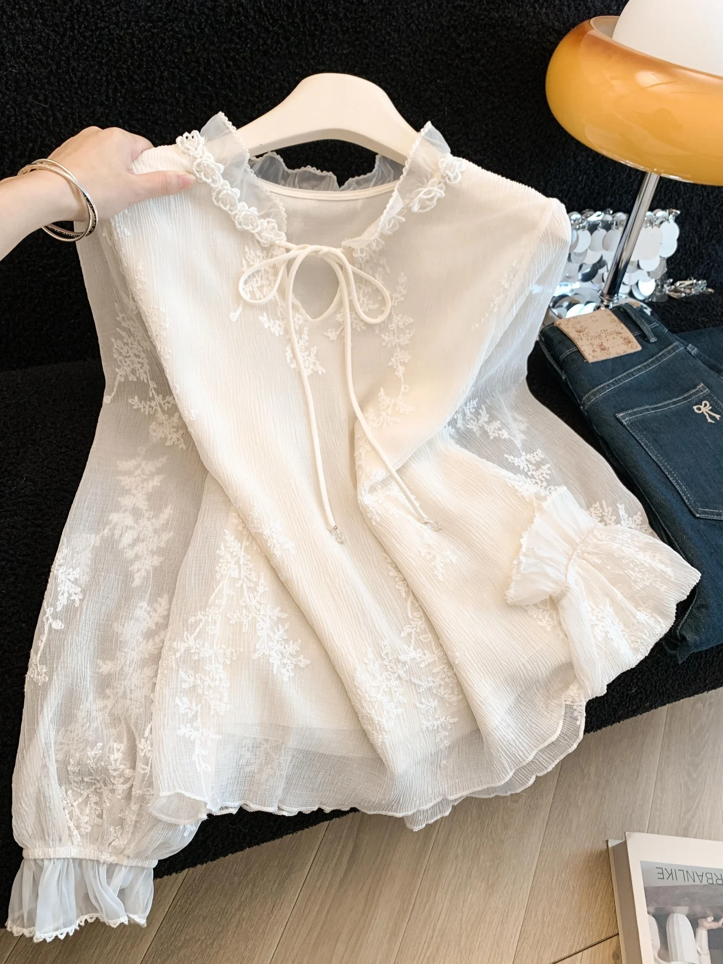 

Elegant Lace Trim Belted Chiffon Shirt Women's Spring Autumn New Style Korean Loose Fit Long Sleeve Stand Collar Button down