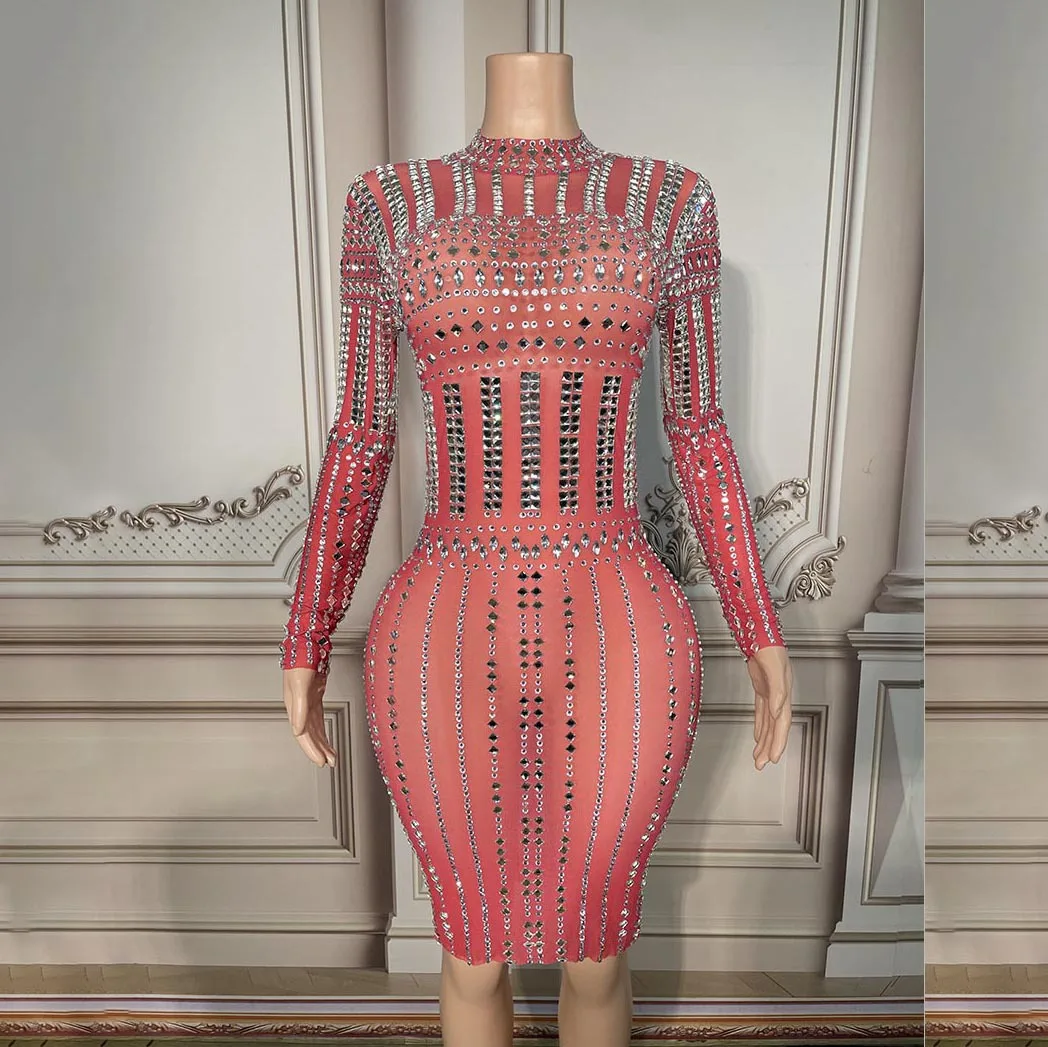 

Birthday Diamond Performance Dress Pink Rhinestone Mesh Dinner Party Evening Elegant Dress Vestido Festa Luxuoso Vermelho Babado