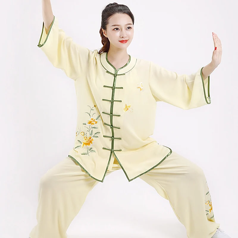 Women's Senior Tai Chi Suit Spring/Autumn Short Sleeve Embroidered Martial Arts Training Wear Breathable Fabric Adults 35-65Y