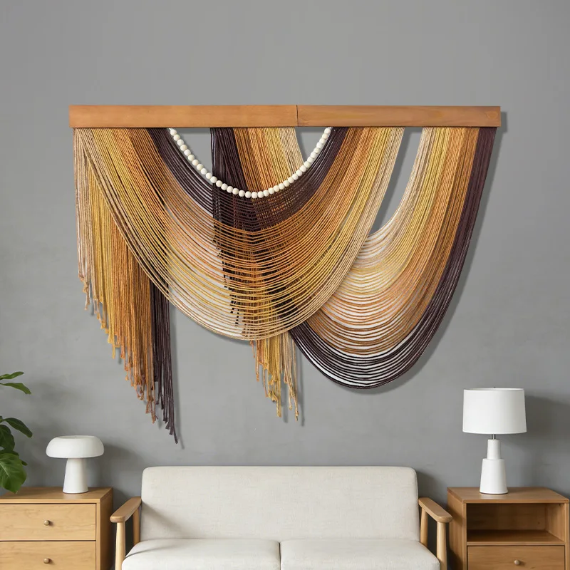 Cotton Rope Tassel Macrame Wall Hanging, Hand Woven Wooden Board Tapestry Soft Neutral Color Art Wall Decor for Bedroom Homestay