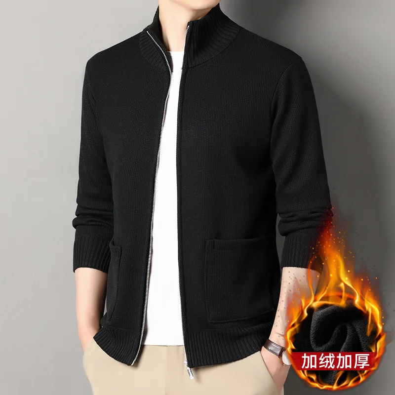 Cardigan tricoté en velours pour hommes, automne et hiver, décontracté, Style coréen, couleur unie, col montant, pull, veste pour hommes