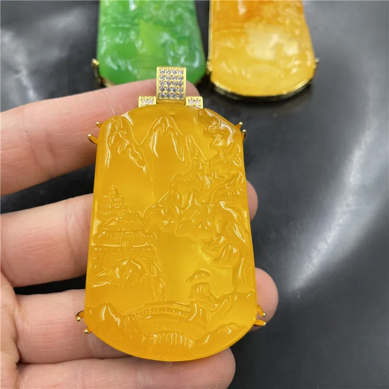 Inlaid Green Chalcedony Men's and Women's Large Yellow Agate Landscape Sweater Chain Jade Pendant