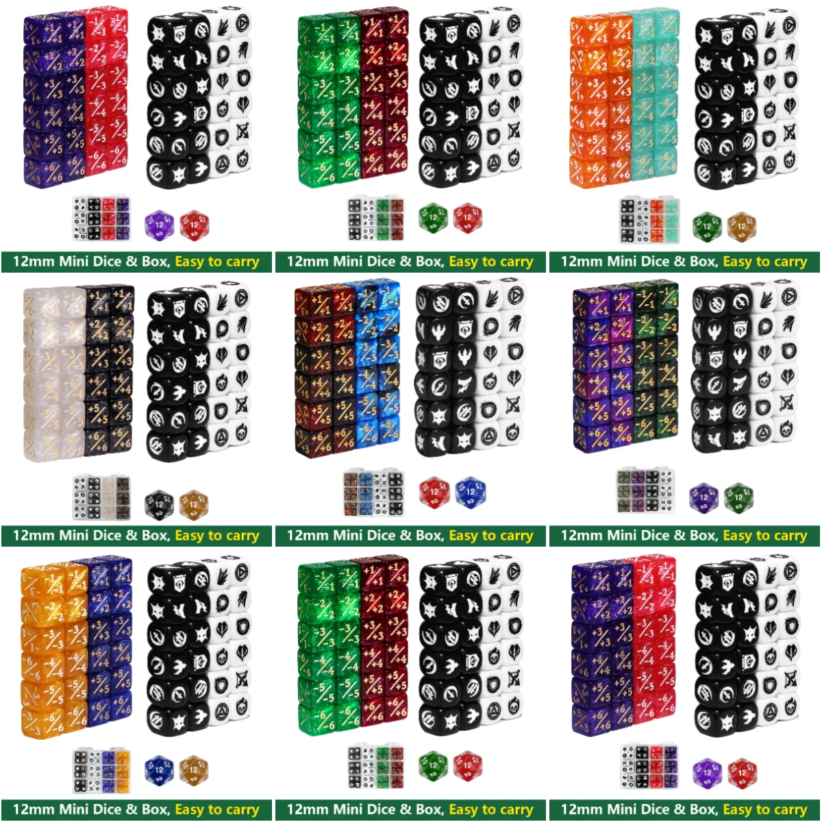 50 Uds. Abilidades de iconos MTG palabras clave +1/+1 y -1/-1 contadores rastreadores de vida D20 compatibles con RPG/DND tamaño de 12mm con caja de almacenamiento