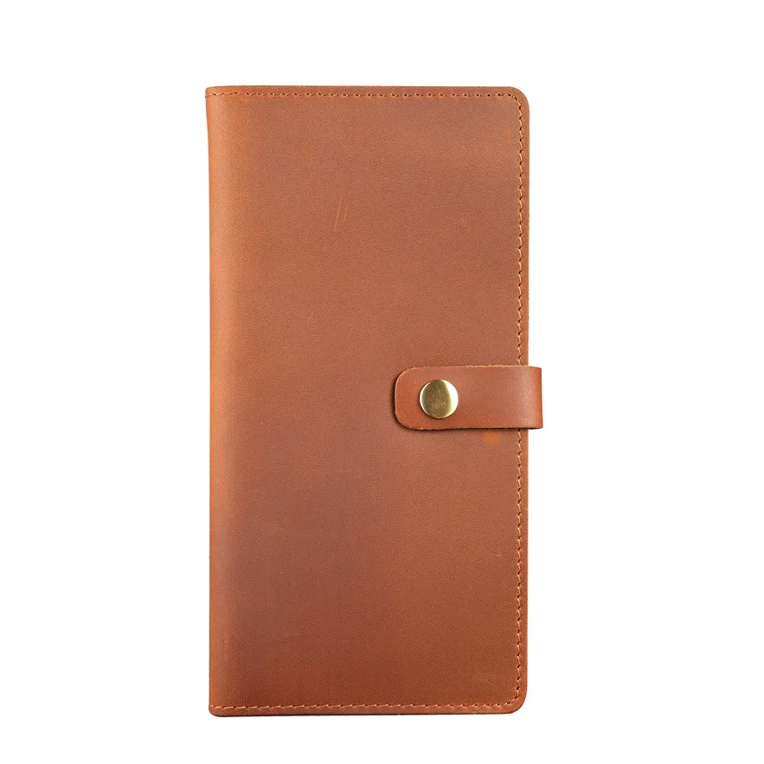 Vintage Brown Crazy Horse Leather Long Bi-fold Wallet Snap Button Closure Multi Card Slots Large Cash Pocket Men's Leather Purse