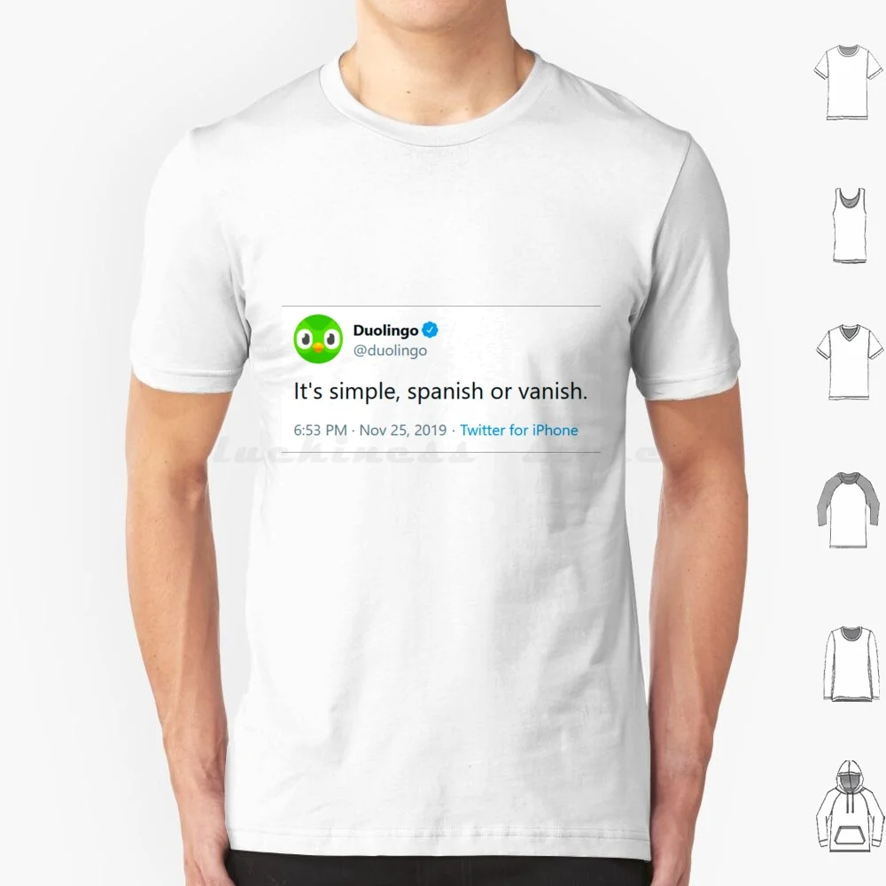 It's Simple , Spanish Or Vanish-Evil Duolingo Owl Tweet Meme T Shirt Cotton Men Women DIY Print Duolingo Duo Meme Memes Spanish