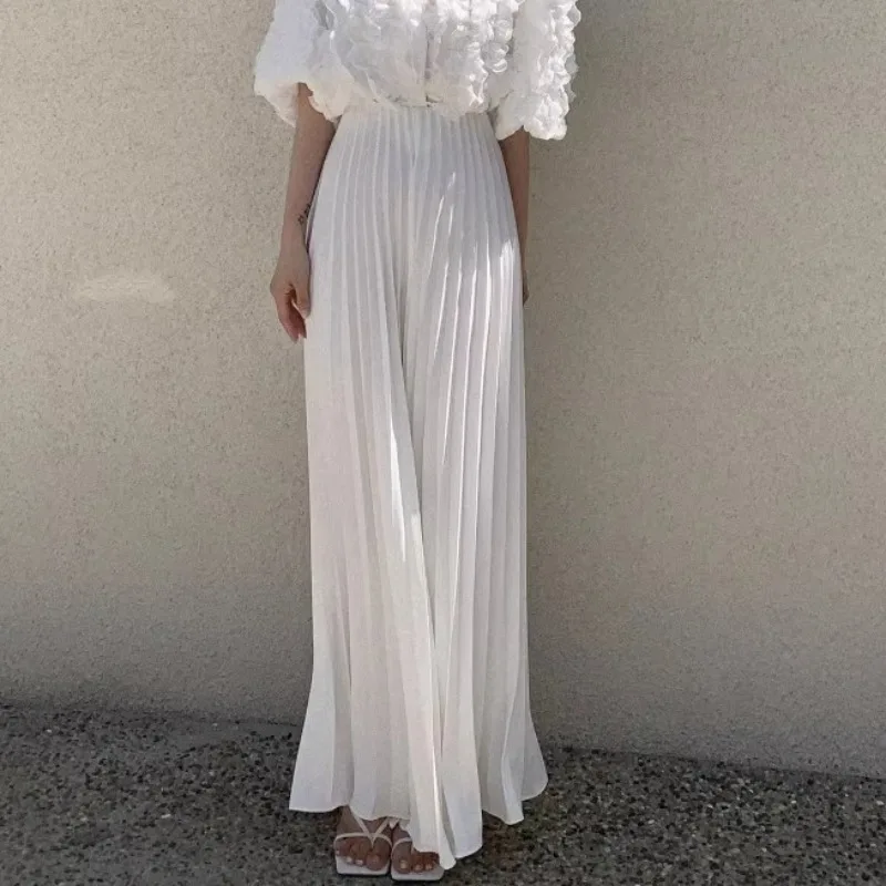 

White Chic Pleated Wide Leg Pants Women High Waist Loose Trousers Female Bottoms Elegant Korean Fashion Streetwear Pants Mom