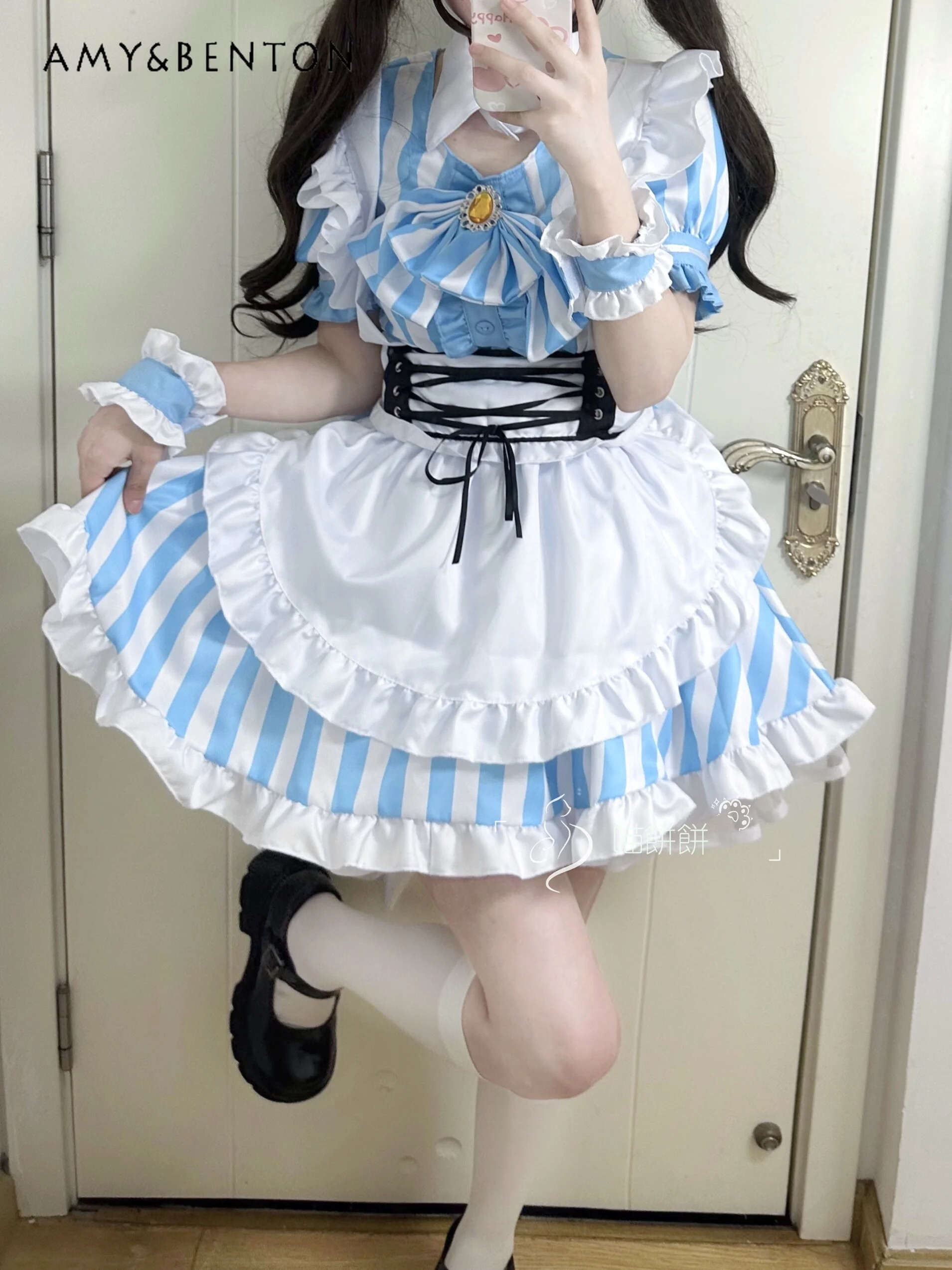 

Japanese Anime Maid Cute Soft Girl Dog Short Blue Striped Lolita High Waist Slim Dress Bubble Short Sleeve Summer Dress