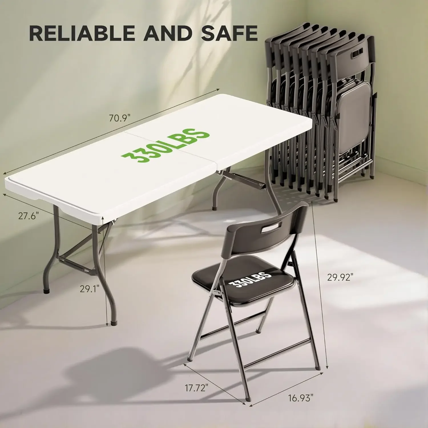 6FT Folding Table Set with 8 Folding Chairs, Heavy Duty 330 lbs Table & 330 lbs Chairs, Portable Bundle for Camping, Party