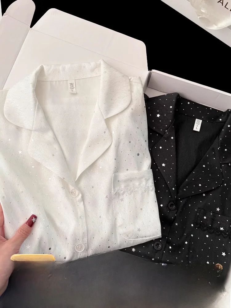 豪華なアイスシルク寝間着女性の薄い長袖ホーム服夏ダイヤモンド耐熱ホワイト月光スター親友