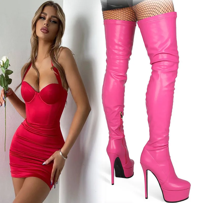 

Сапоги женские на очень высоком каблуке-шпильке, эластичные ботфорты на платформе, приталенные, с круглым носком, большие размеры