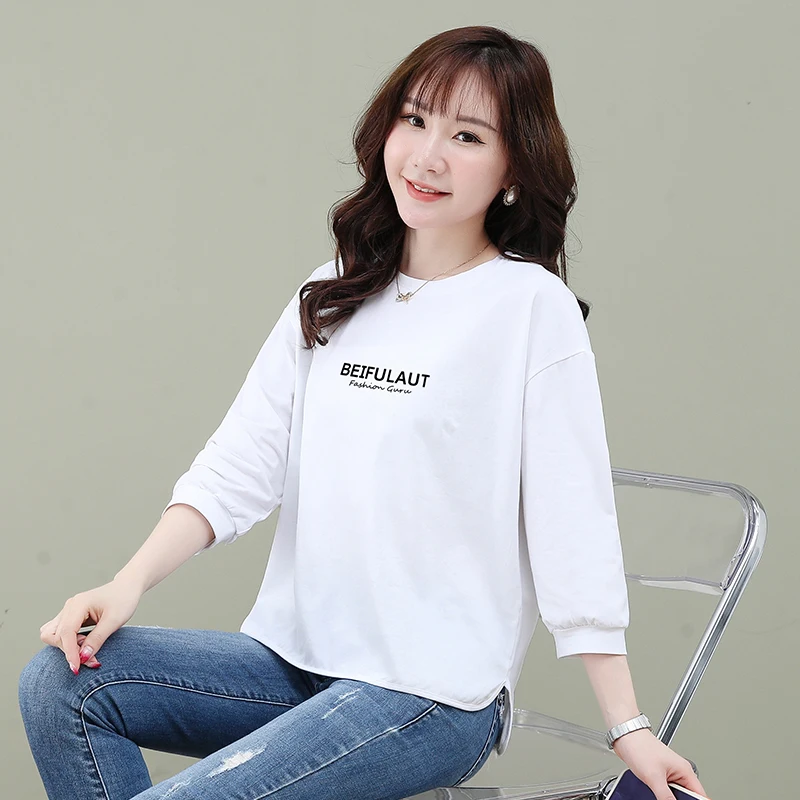 

2025 new plus size middle-aged women's pure cotton three-quarter sleeve T-shirt spring and summer loose casual versatile top