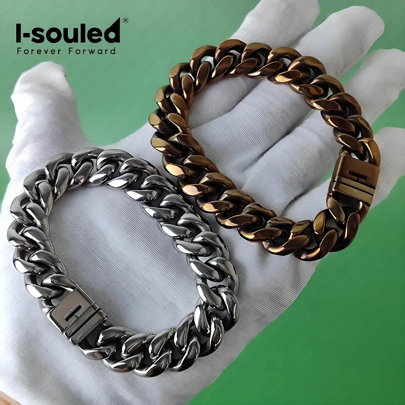 14mm Titanium Cuban Link Bracelet for Men, Anodized Gold Hypoallergenic Lightweight Chain Jewelry, Unisex Punk Wristband Gift