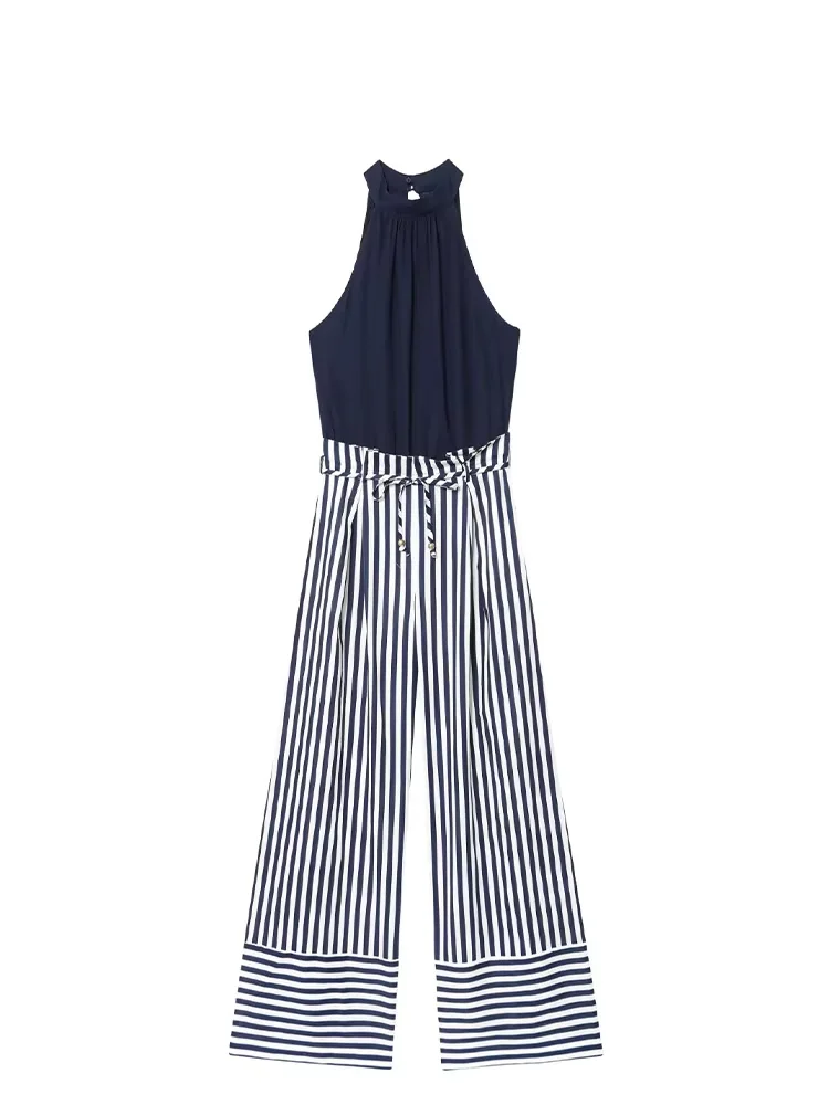 HH женский новый полосатый комбинезон без рукавов с круглым вырезом и поясом, летний женский комбинезон с карманами и полой молнией сзади, широкий комбинезон