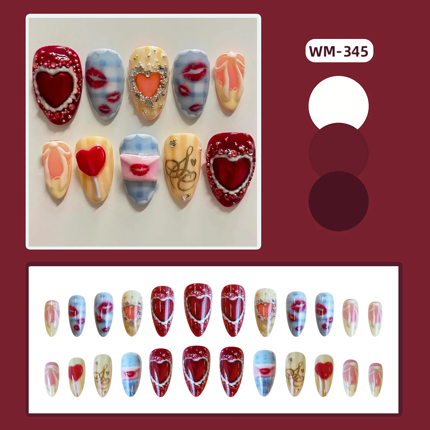 24 pièces battement de coeur lèvres impression presse sur ongles nœuds papillon amour coeur conçoit coloré amande faux ongles épicé fille Valentine faux ongles