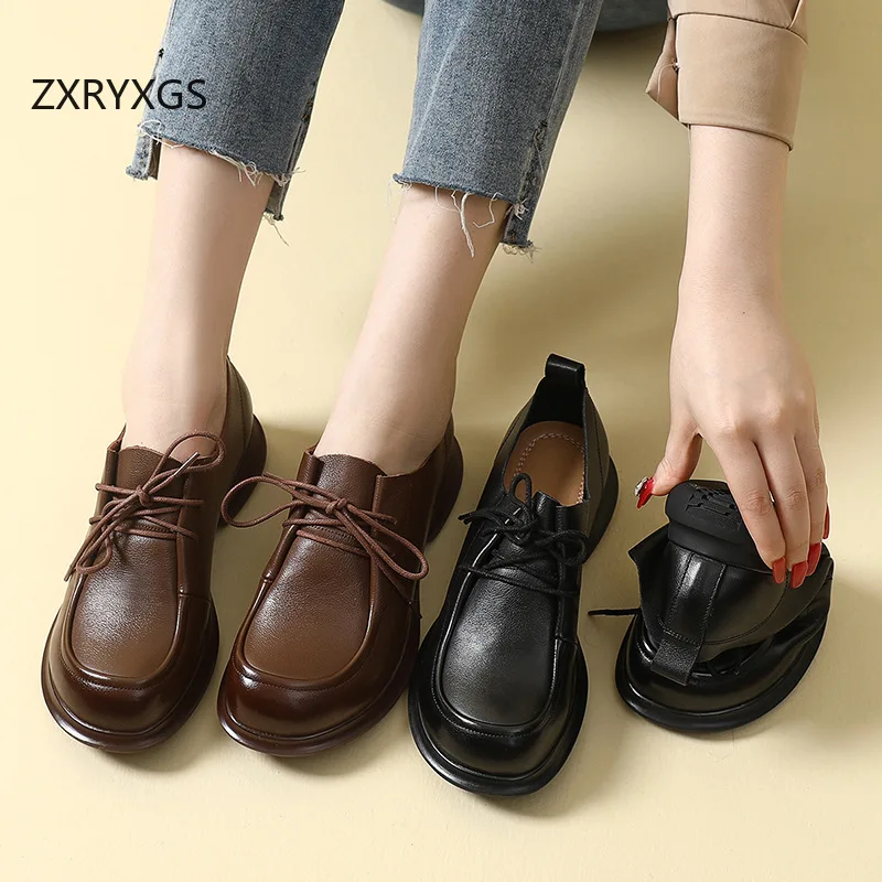 

ZXRYXGS 2026 Top Cowhide Lace-up Women Genuine Leather Shoes Comfortable Flats Plus Size Fashion Casual Shoes Flat Trend Shoe