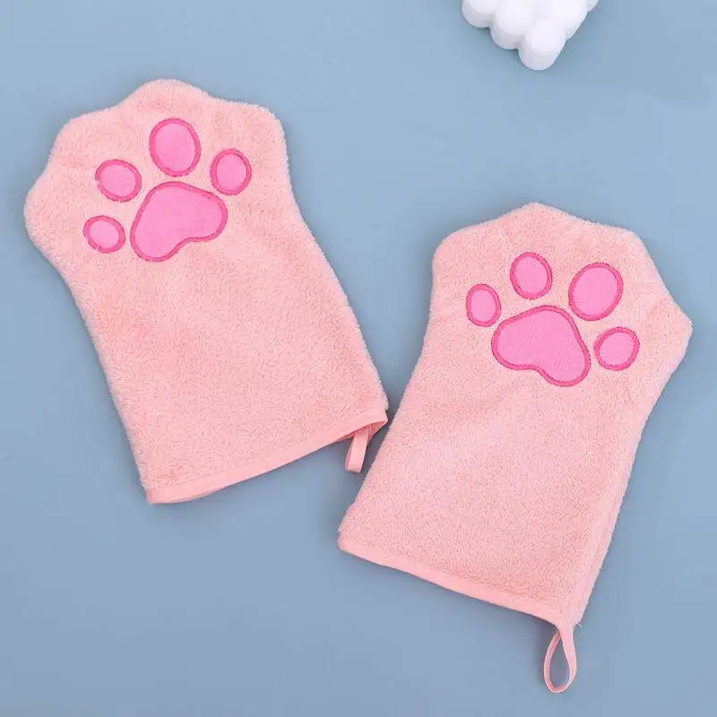 Absorbent Pet Bath Glove Towel Quick‑Drying Paw Embroidery Mitt for Dog Cat Soft Coral Fleece Pet Grooming Cleaning Supplies