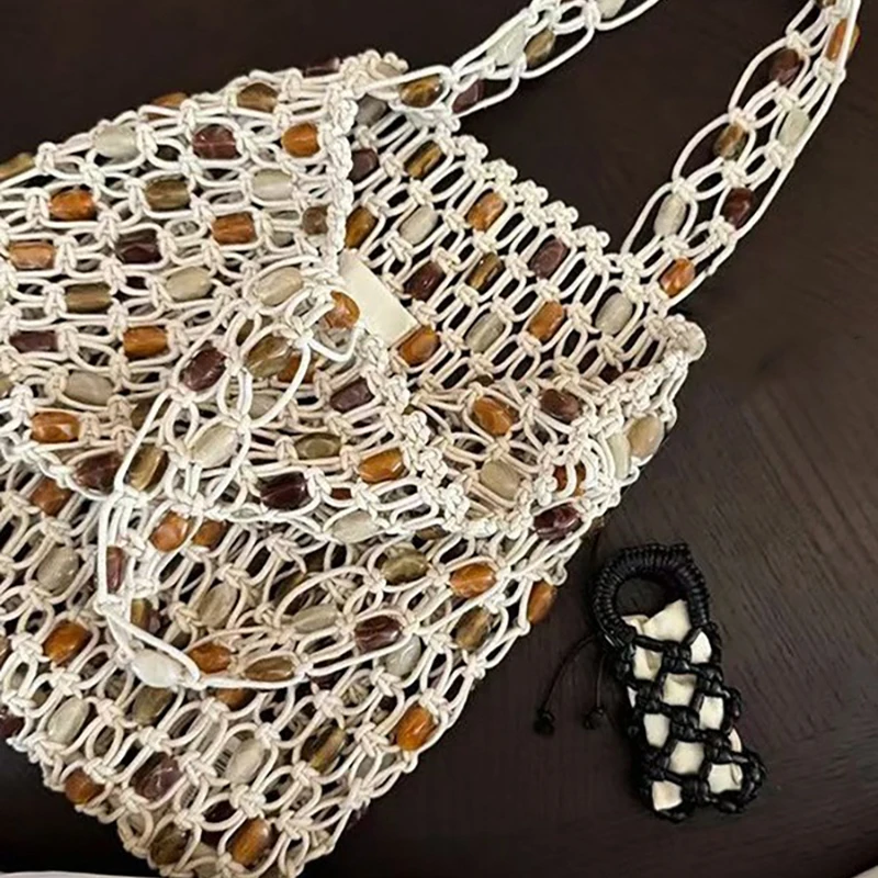 Vintage Handgefertigte Perlen-Handtasche Nischen-Designer Luxus Ausgehöhlte Bucket Bag Neue Sommer Damen Strand-Urlaubstasche – Detail 17