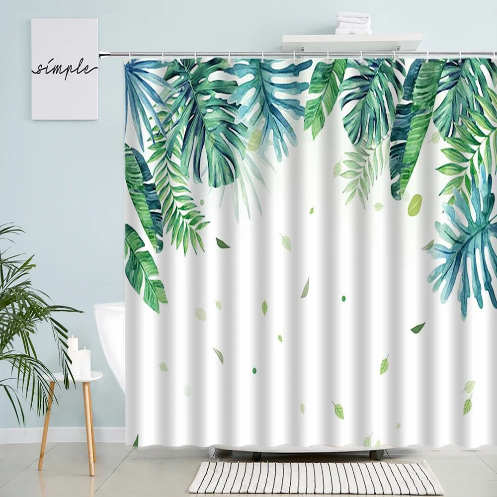 Tropical Green Plant Palm Leaf Bathroom Shower Curtains Summer Jungle Fabric Waterproof Hooks Hanging Curtain Bath Screen Decor