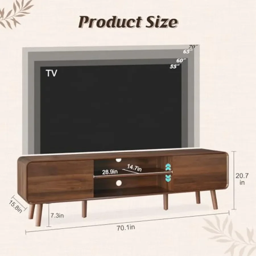 Mid Century Modern TV stand for living room: wood, walnut finish, 70 wide with sliding doors, adjustable shelves, and concealed
