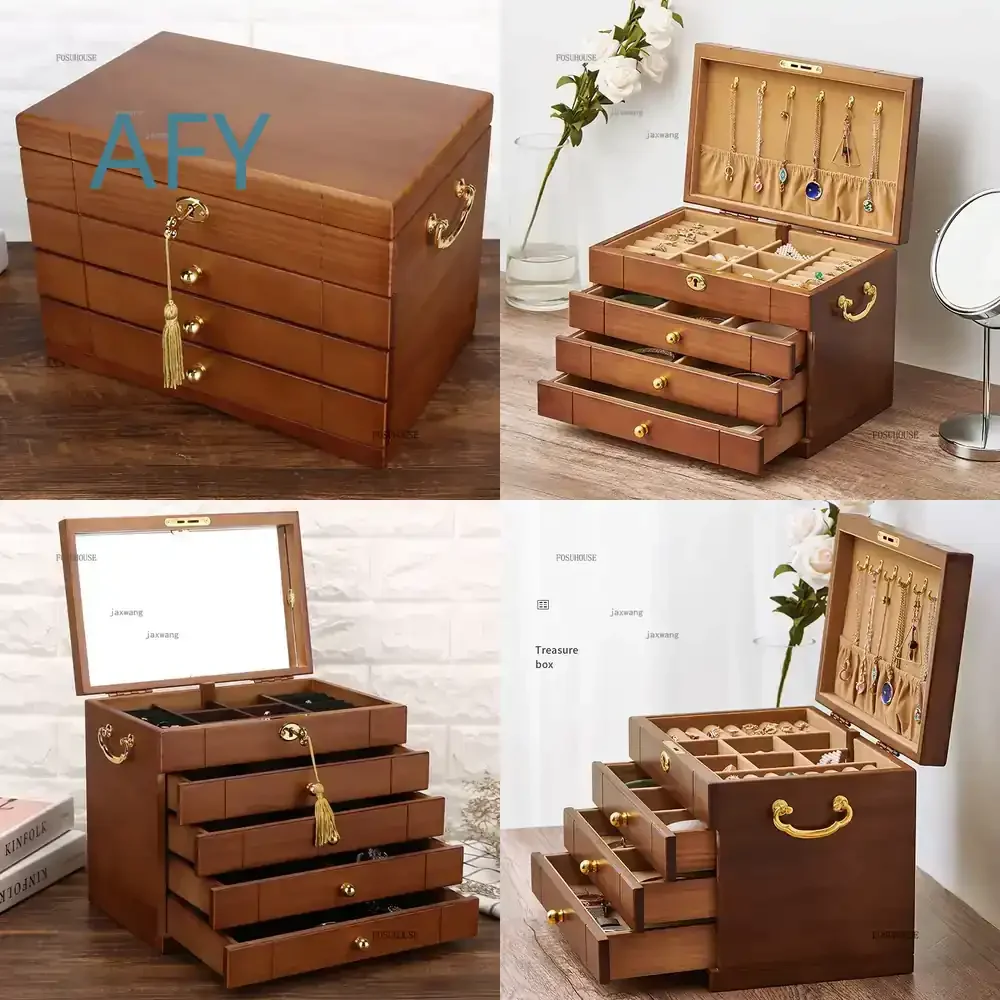 Solid Wood European Style Storage Box for Cosmetic Mask Rack Dressing Table Organizer Jewelry Box with Lock Multi-layer Retro