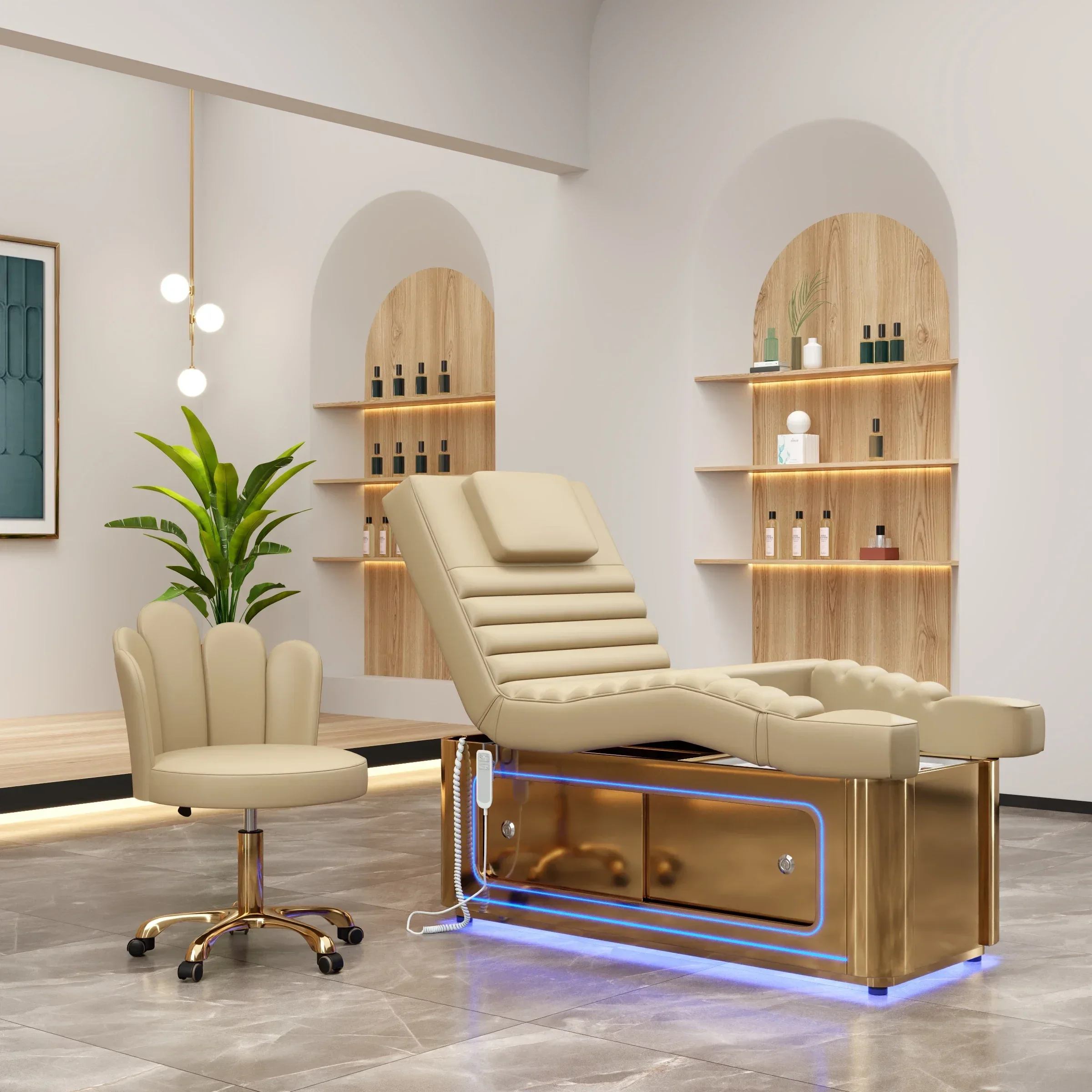 

Newest Design LED Foot Spa Facial Bed Creamy Yellow Leather Beauty For Salon Beauty Facial Spa Massage Pedicure Beds