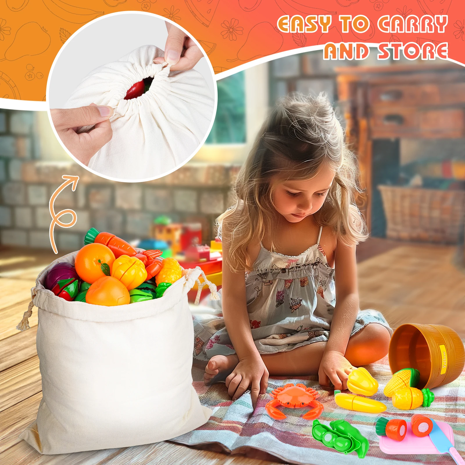 48Pcs Cutting Play Food Toy for Multiple Kids with Storage Baskets, Kitchen Pretend Food Set for Toddler, Kitchen Toys