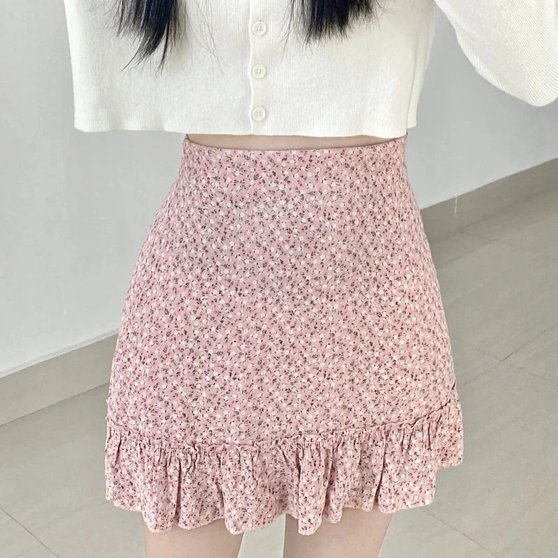 Sweet Pink Floral Mini-Skirt Femme Summer Elegant Fashion Streetwear Ruffle Holiday Skirt Women High Waist Faldas Y2K Vintage