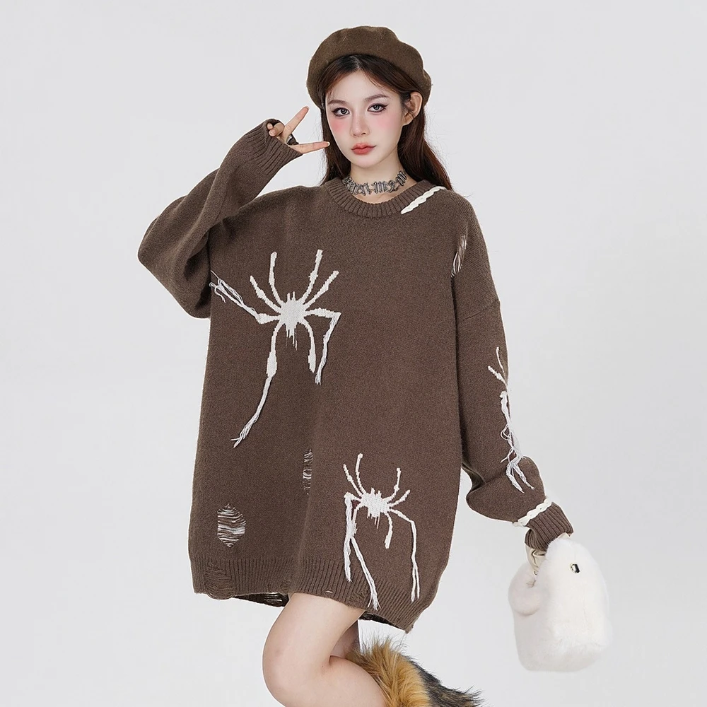 Spider Graphic Women Sweater Knitted Oversized Vintage Tops Harajuku Streetwear Ripped Men Sweaters Anime Pullovers 2023 Winter