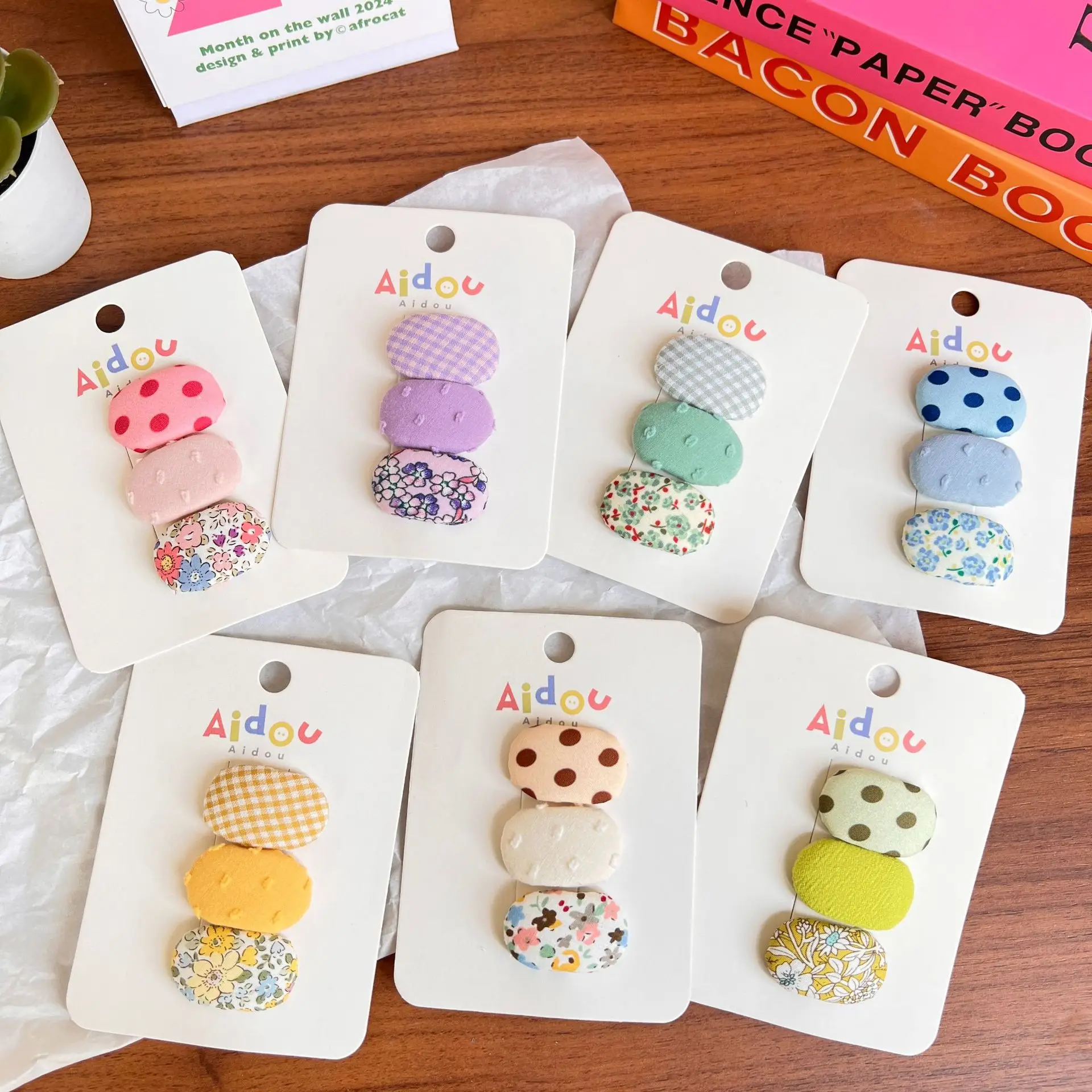 

3-Pack Korean Style Kids Fabric Hair Clips Oval BB Clips with Knit Print & Polka Dots